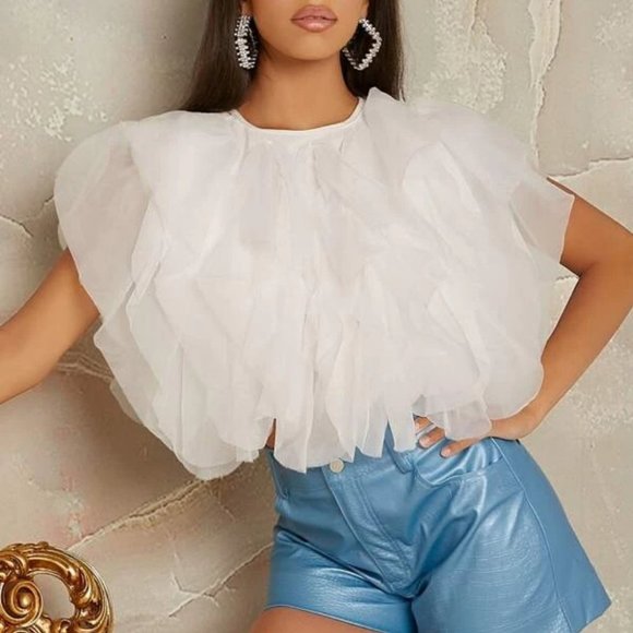 statement Ruffle Mesh Tie Back sleeveless Top blouse WHITE - Picture 3 of 5
